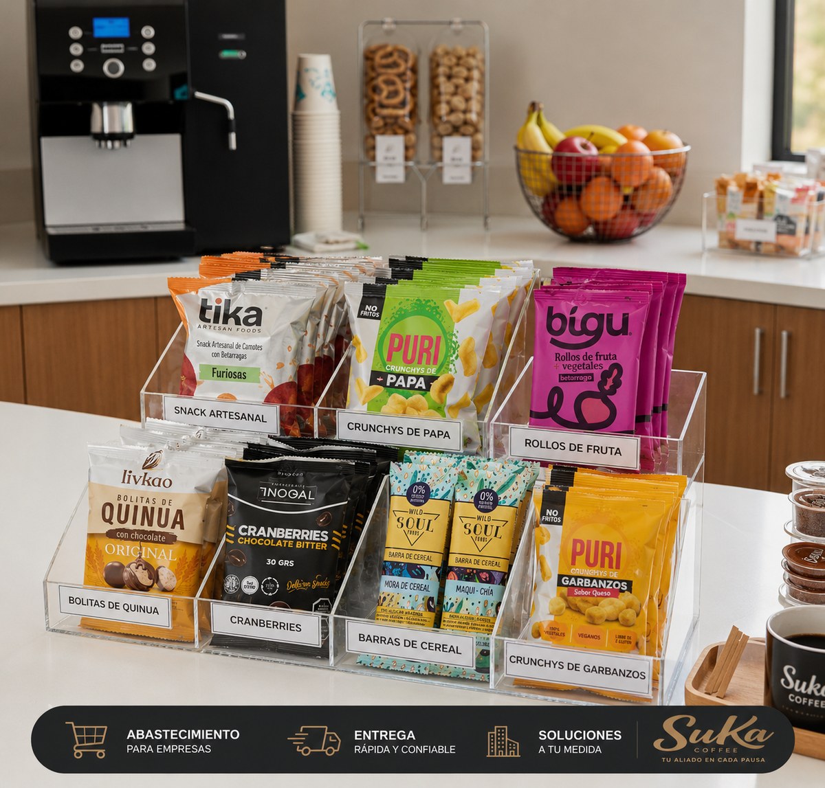 Estación de snacks abastecida dentro de una oficina